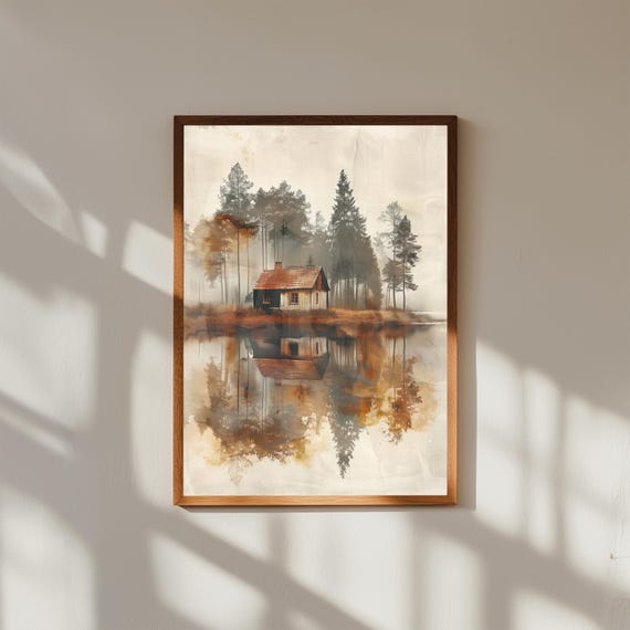 Cabin In Forest Lake Reflection Art Print Serene Landscape