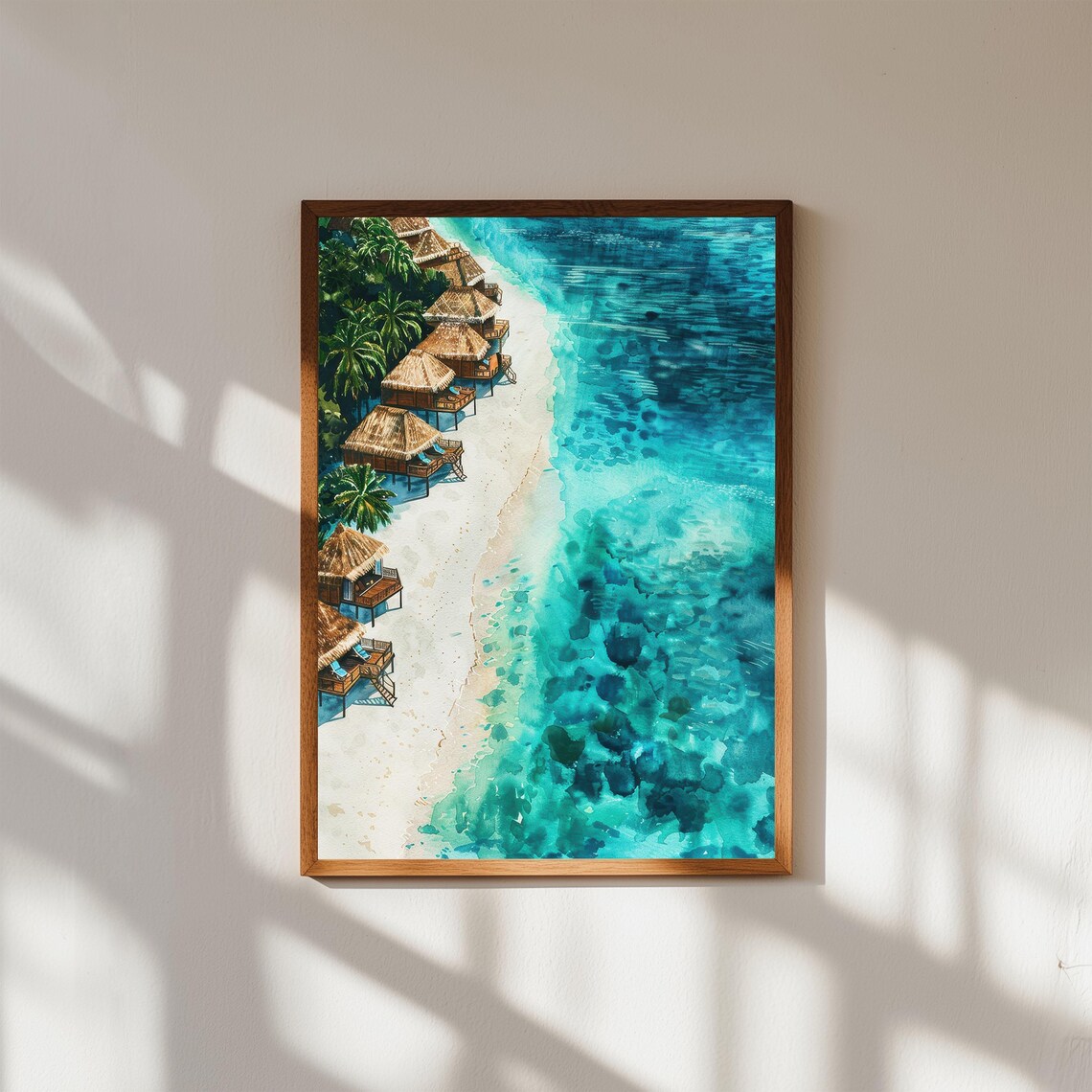 Maldives Beachfront Bungalows Palm Island Aerial Watercolor Print
