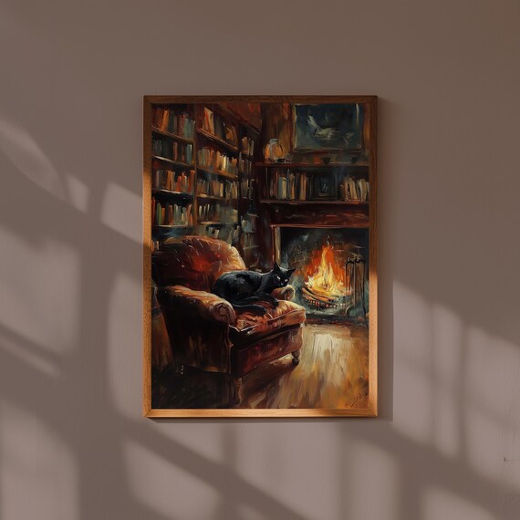 Black Cat on Velvet Armchair by Library Fireplace Cozy Poster
