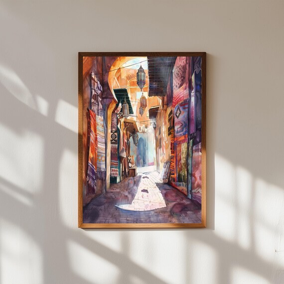Moroccan Lantern Alley Watercolor Art Print, Marrakech