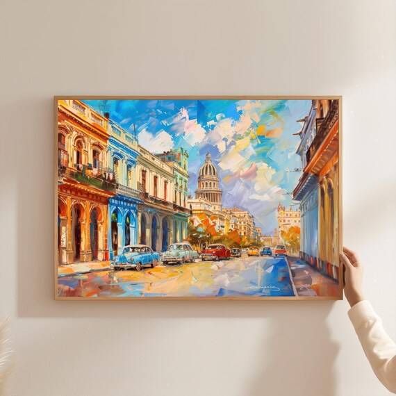 Havana Cuba Street Scene Vintage Cars Capitol Dome Colorful Oil Wall Art