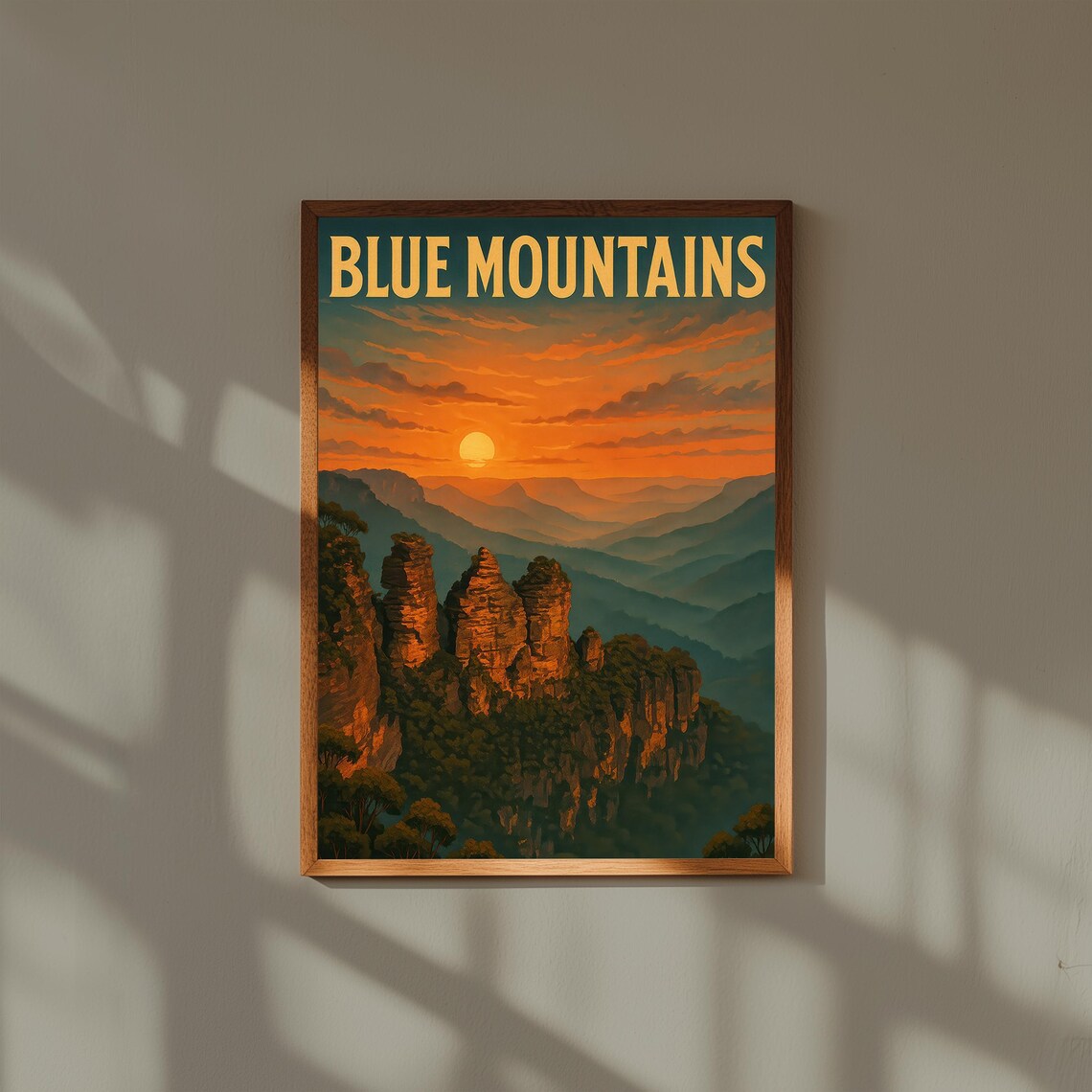 Blue Mountains Three Sisters Rock Formation at Sunset Travel Poster