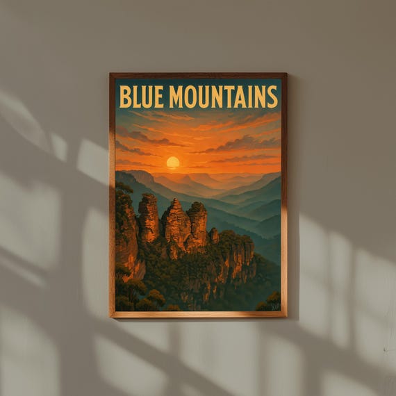 Blue Mountains Vintage Travel Poster Retro Australia Nature Print Scenic Mountain Wall Art National Park Landscape Illustration