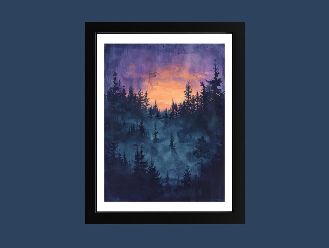 Twilight Pine Forest with Purple Misty Sunset Moody Night Poster