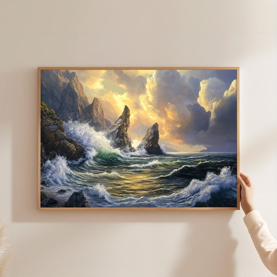 Stormy Ocean Waves Rocky Sea Cliffs Golden Sunset Seascape Poster