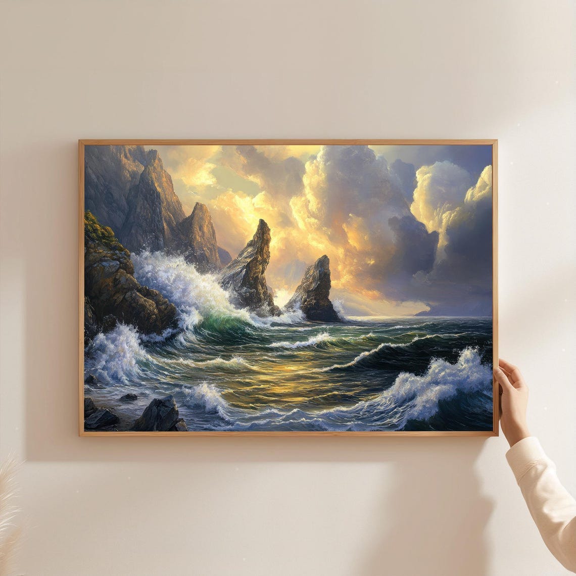 Stormy Ocean Waves Rocky Sea Cliffs Golden Sunset Seascape Poster