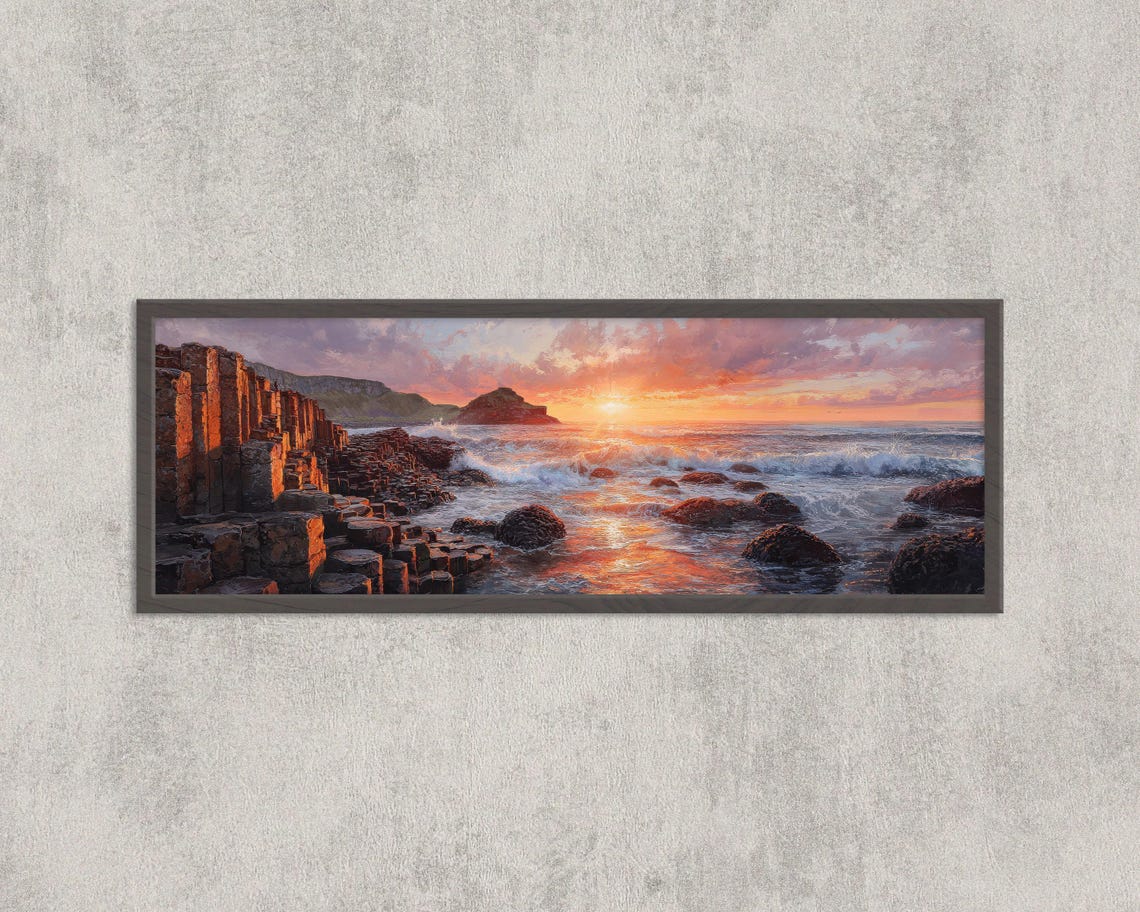 Giants Causeway Sunset Basalt Columns Ocean Waves Panoramic Art Poster
