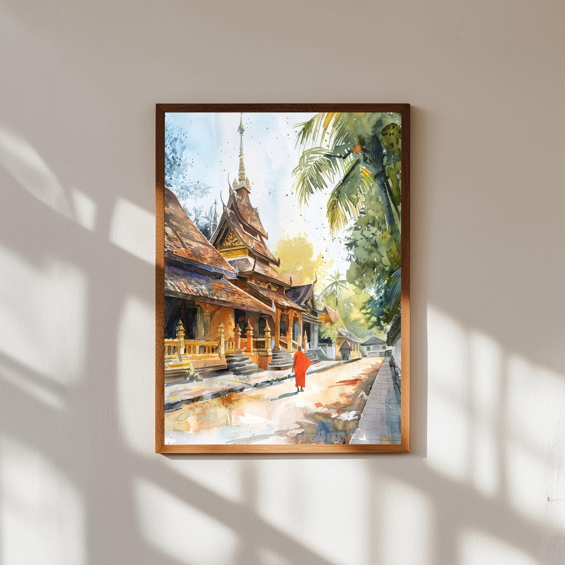 Luang Prabang Laos Buddhist Temple Street Monk Watercolor Print