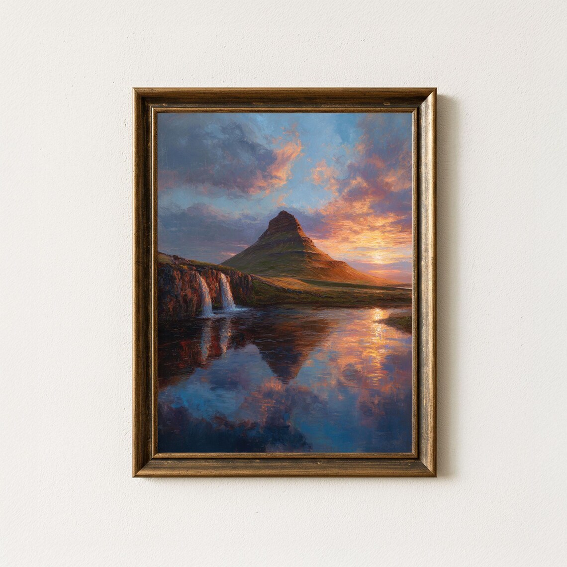 Kirkjufell Iceland Church Mountain Waterfall Sunset Painting Print