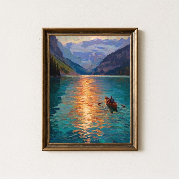 Canoe on Turquoise Alpine Lake Sunset Paddle Mountain Painting Print