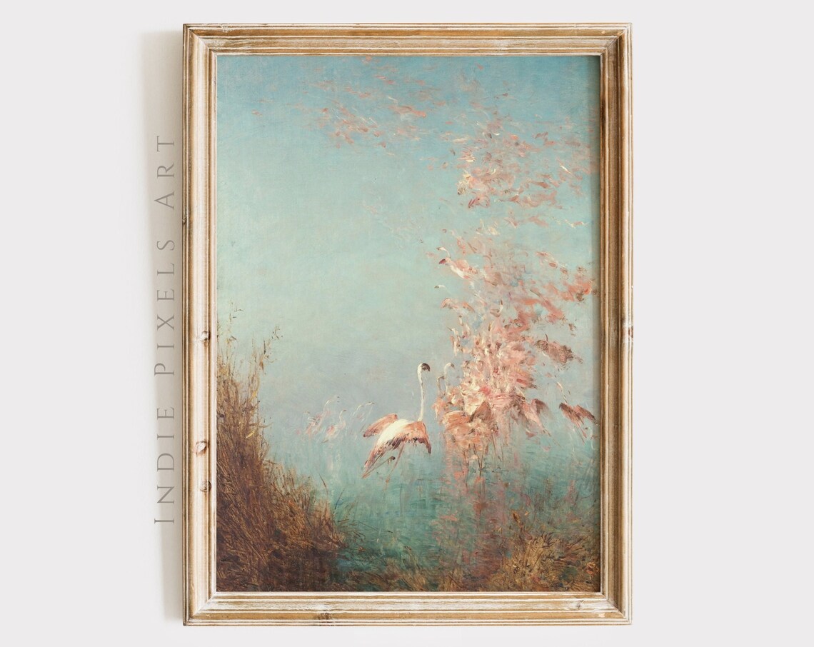 Vintage Flamingos in Flight Over Coastal Marsh Impressionist Print