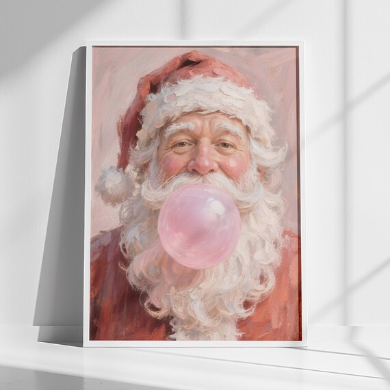 Pink Santa Claus Blowing Bubblegum Bubble Pastel Christmas Poster