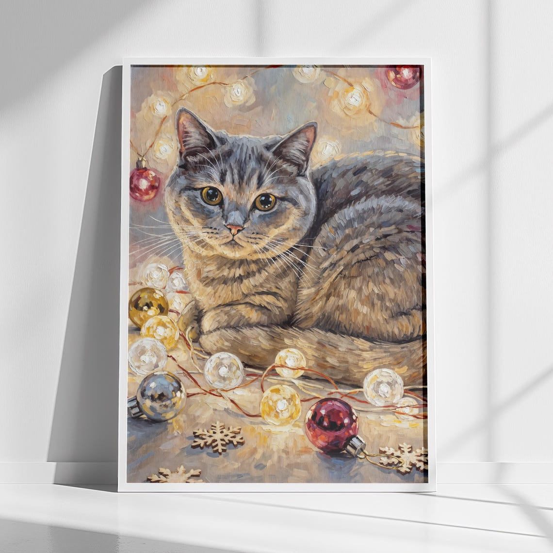 Grey Cat Christmas Ornaments Holiday Lights Painting Art Poster