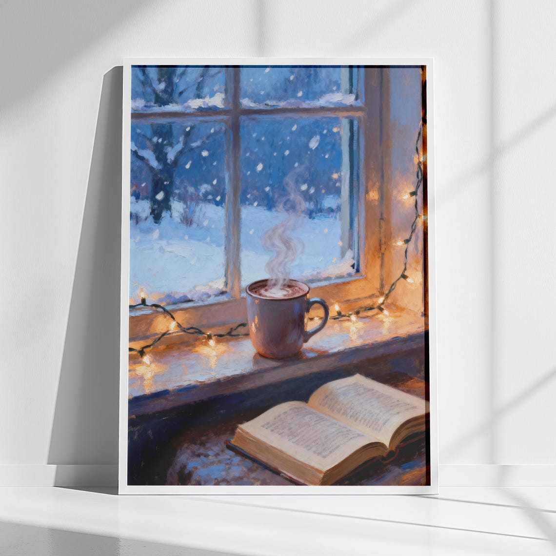 Cozy Winter Window Snowy Night Hot Cocoa Book Warm Hygge Poster
