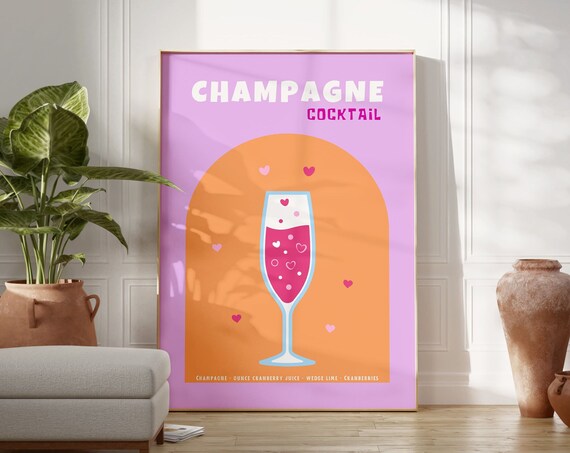 Champagne Cocktail Recipe Pink Retro Kitchen Bar Cart Art Poster