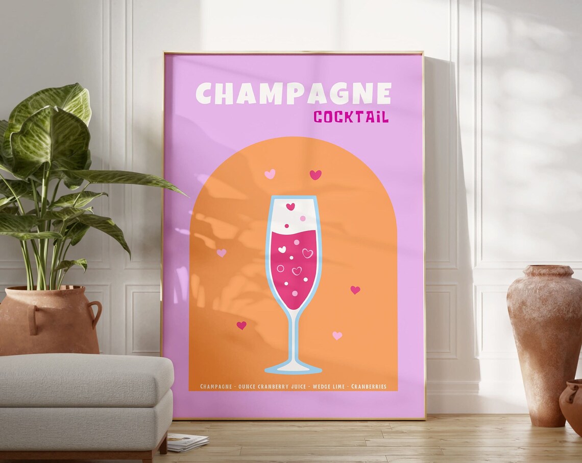 Champagne Cocktail Recipe Pink Retro Kitchen Bar Cart Art Poster