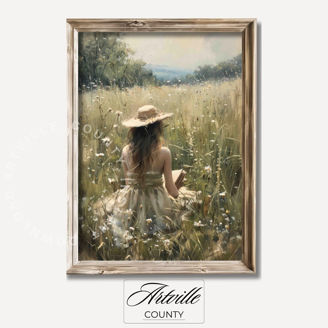 Girl Reading Landscape Painting, Vintage Autumn Field Art