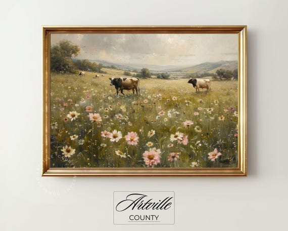 Cows Grazing, Farmhouse Vintage Wall Art Print