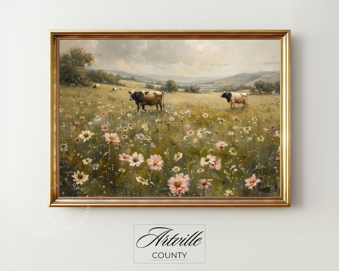 Cows Grazing, Farmhouse Vintage Wall Art Print