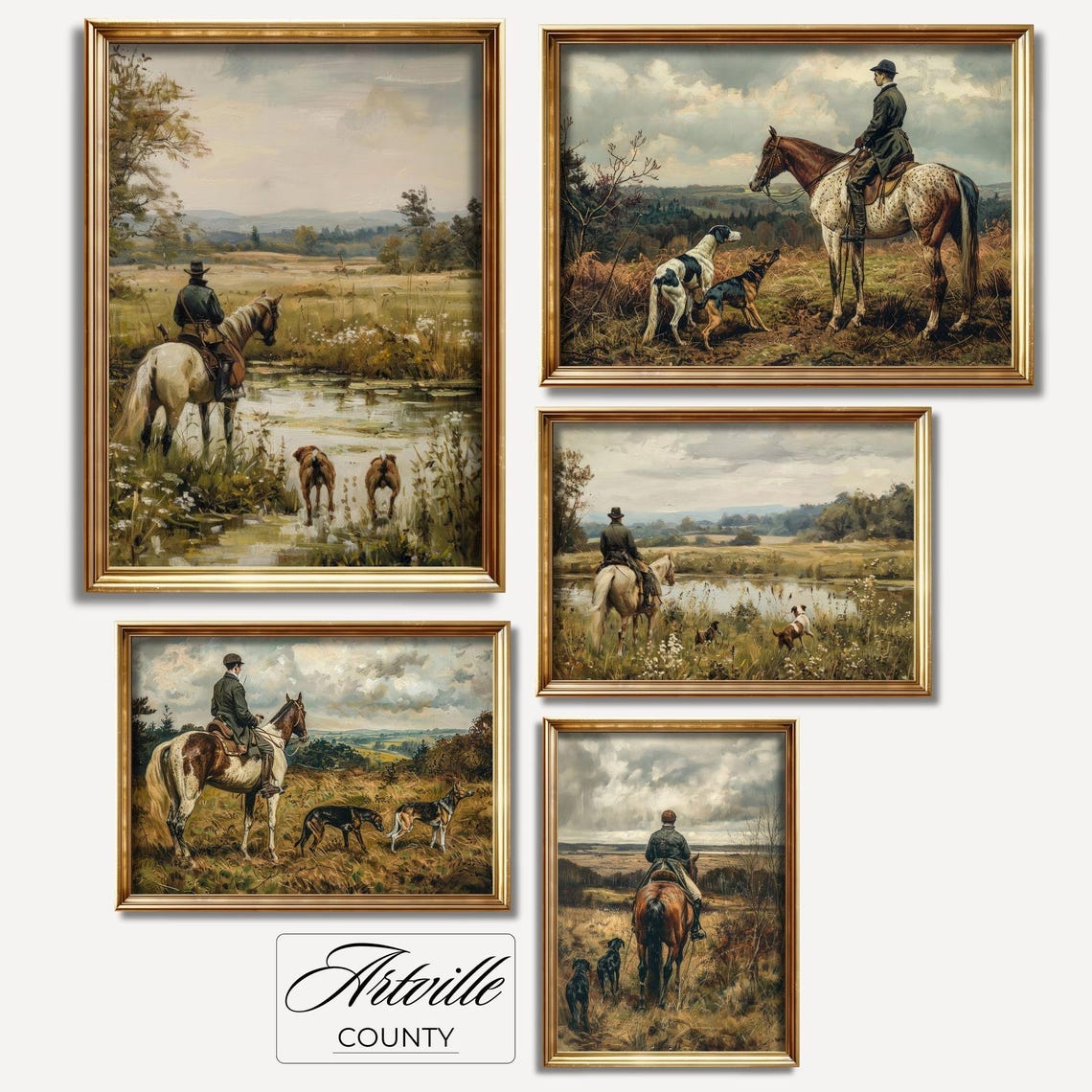 Vintage Hunting Gallery Set Five Equestrian Horse Scene Poster