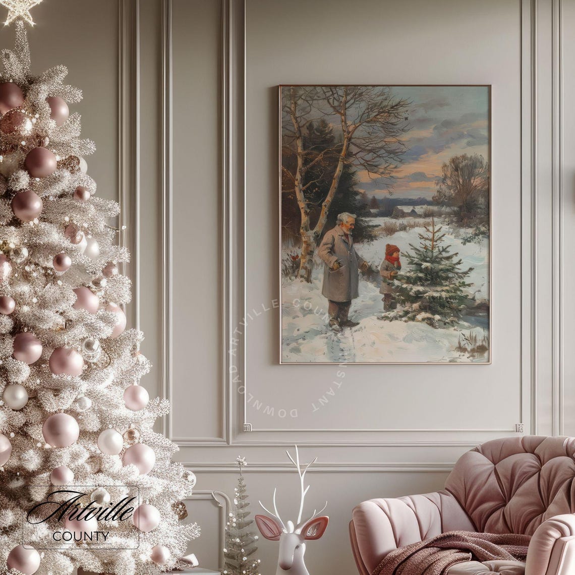 Grandfather and Child Choosing Christmas Tree Snowy Field Poster - Image 4