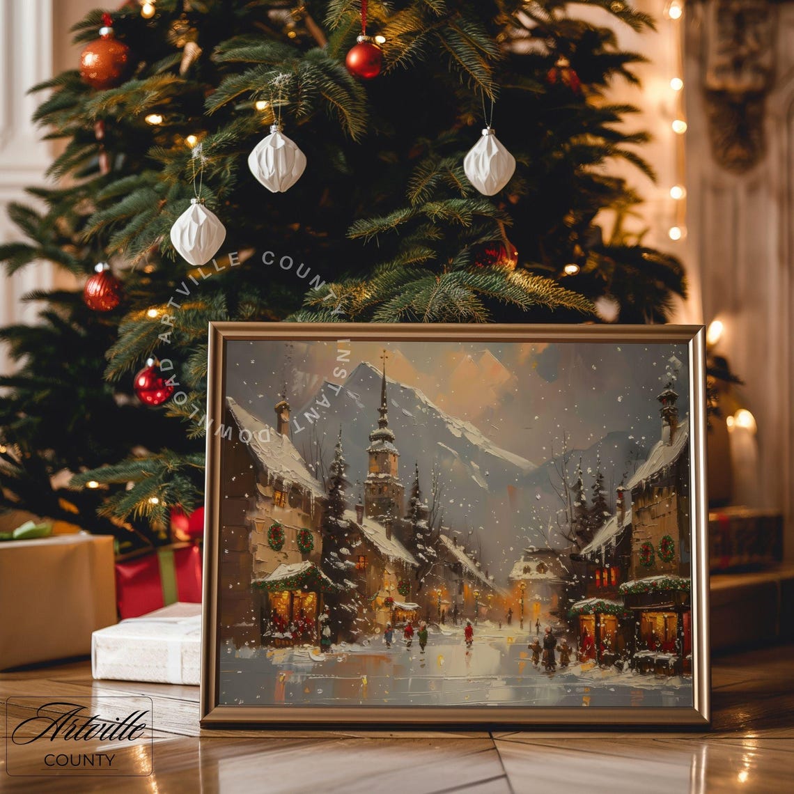 Snowy Christmas Village with Church Steeple Winter Scene Poster - Image 4
