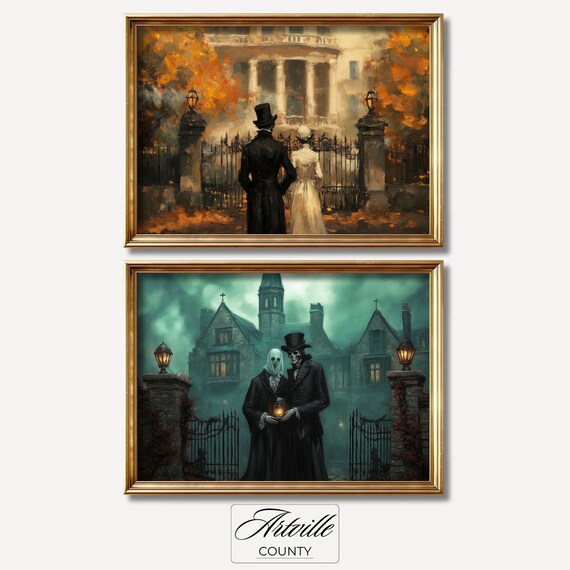 Skeleton Couple Halloween Gallery Wall Set Vintage Cottage Moody Wall Art Dark Academia Vintage Skeleton Prints