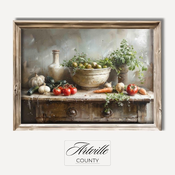 Vegetables Vintage Oil Painting, Rustic Still Life Print
