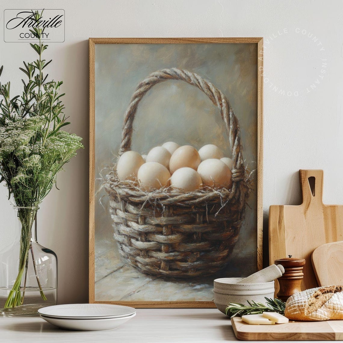 Basket Of Farm Fresh Eggs Rustic Kitchen Still Life Wall Poster - Image 2