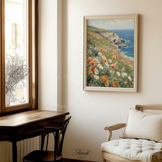 Wildflowers on Coastal Cliffs Impressionist Seascape Painting Poster