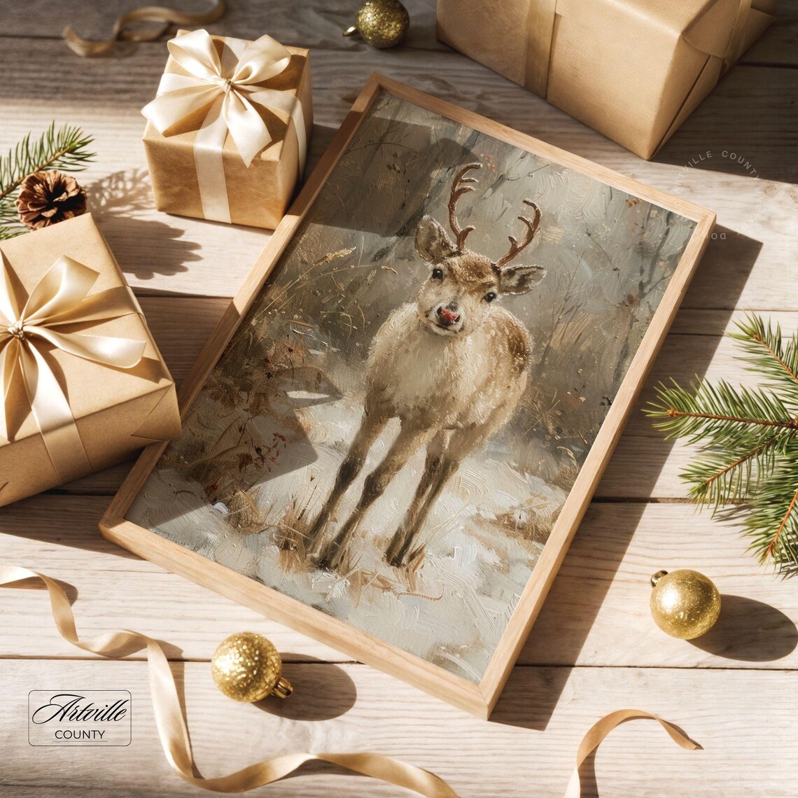 Vintage Reindeer Art Print, Christmas Nursery Decor