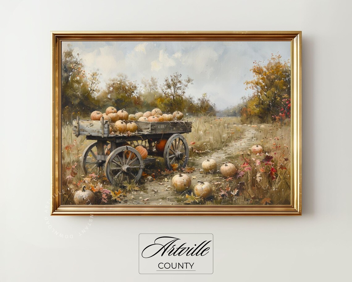Rustic Pumpkin Wagon Loaded on Dirt Path Fall Harvest Countryside Poster - Image 2