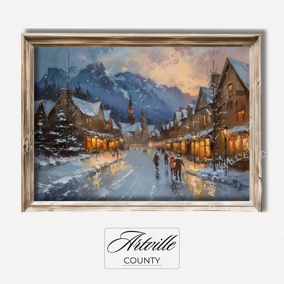 Snowy Christmas Town Street at Dusk with Glowing Shops Poster