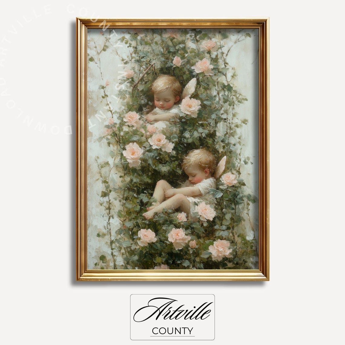 Sleeping Baby Angels Among Pink Roses Vintage Nursery Poster - Image 2
