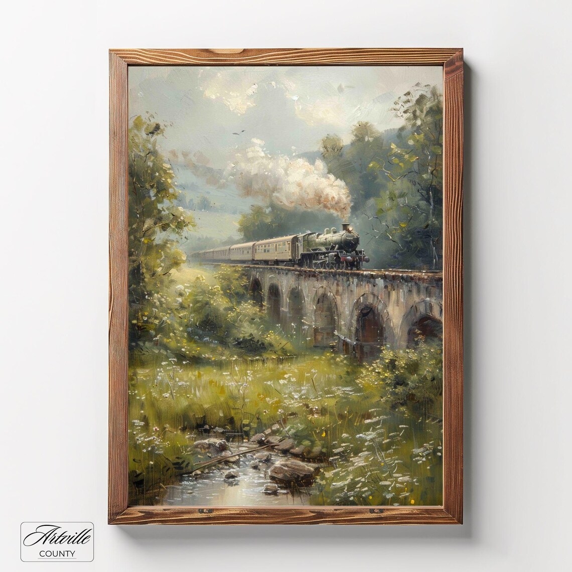 Vintage Steam Train Gallery Wall Set Antique Locomotive Train Prints Countryside Landscape Oil Painting Moody Travel Wall Art - Image 4