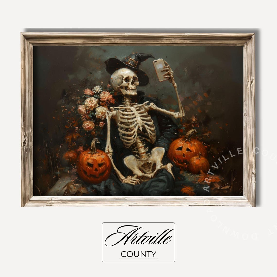 Skeleton in Witch Hat Selfie with Jack-o-Lanterns Gothic Poster