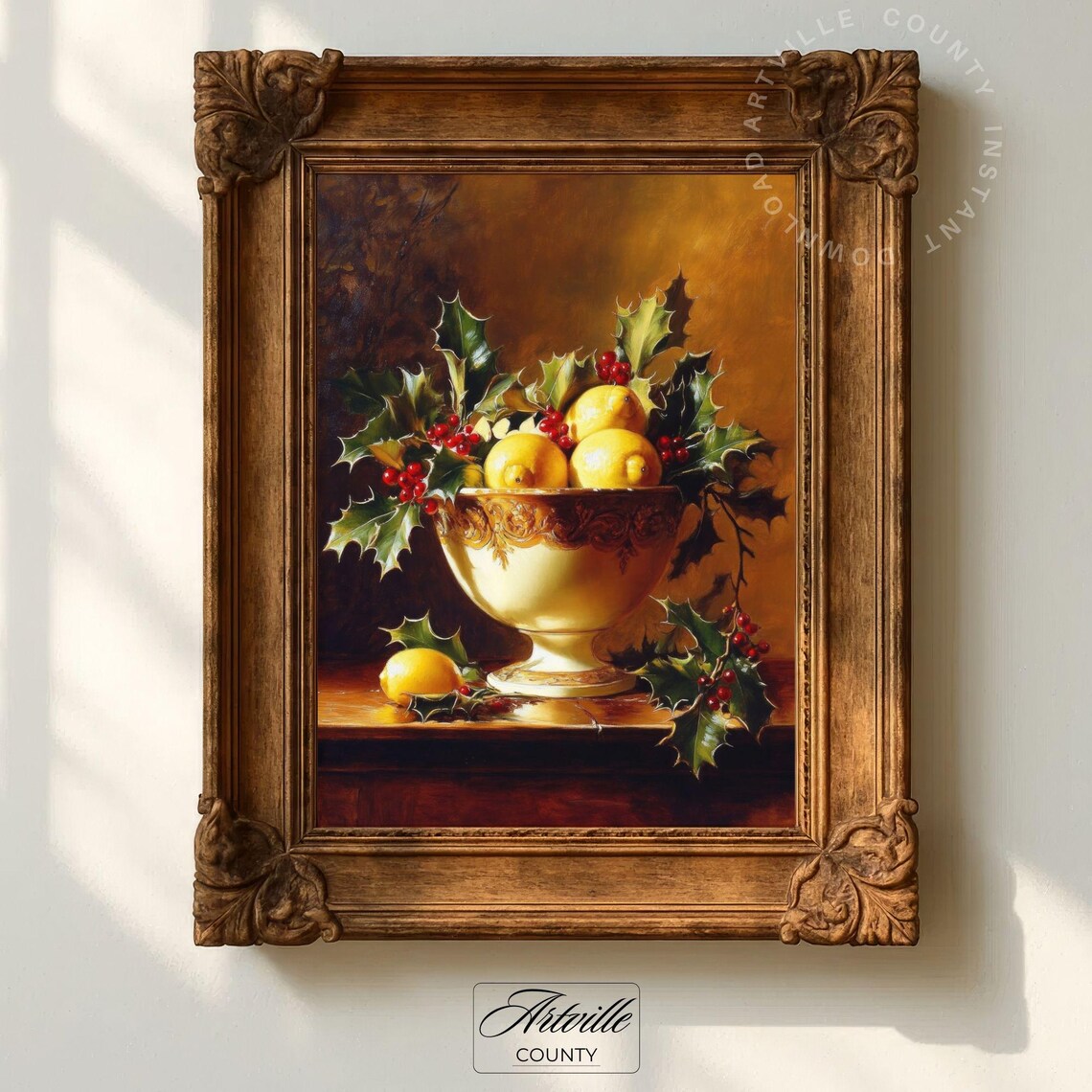 Vintage Lemons And Holly, Antique Fruit Art Print