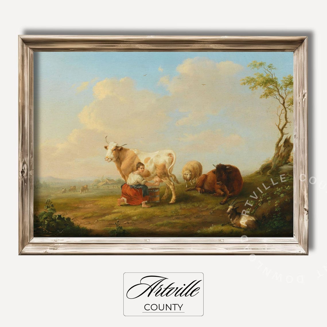 Cow And Milkmaid Painting Vintage Farmyard Milking Print Countryside Animal Pastoral Wall Art Antique Farm Decor