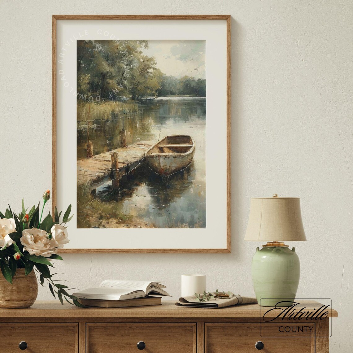 Vintage Fishing Boat Painting, Farmhouse Landscape Art Print - Image 4