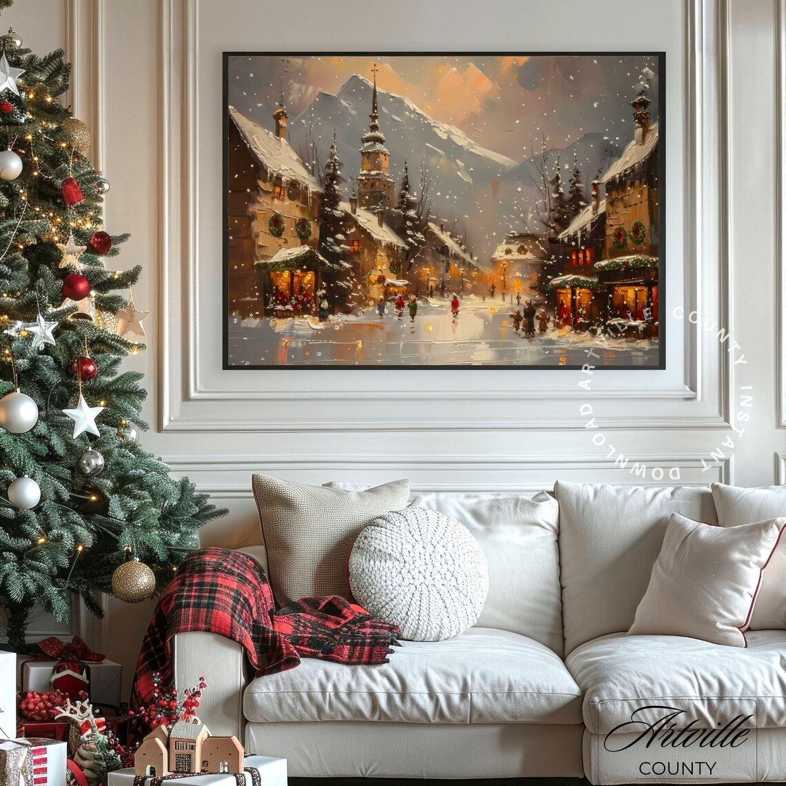 Vintage Christmas Market Alpine Village Snowy Night Painting Poster