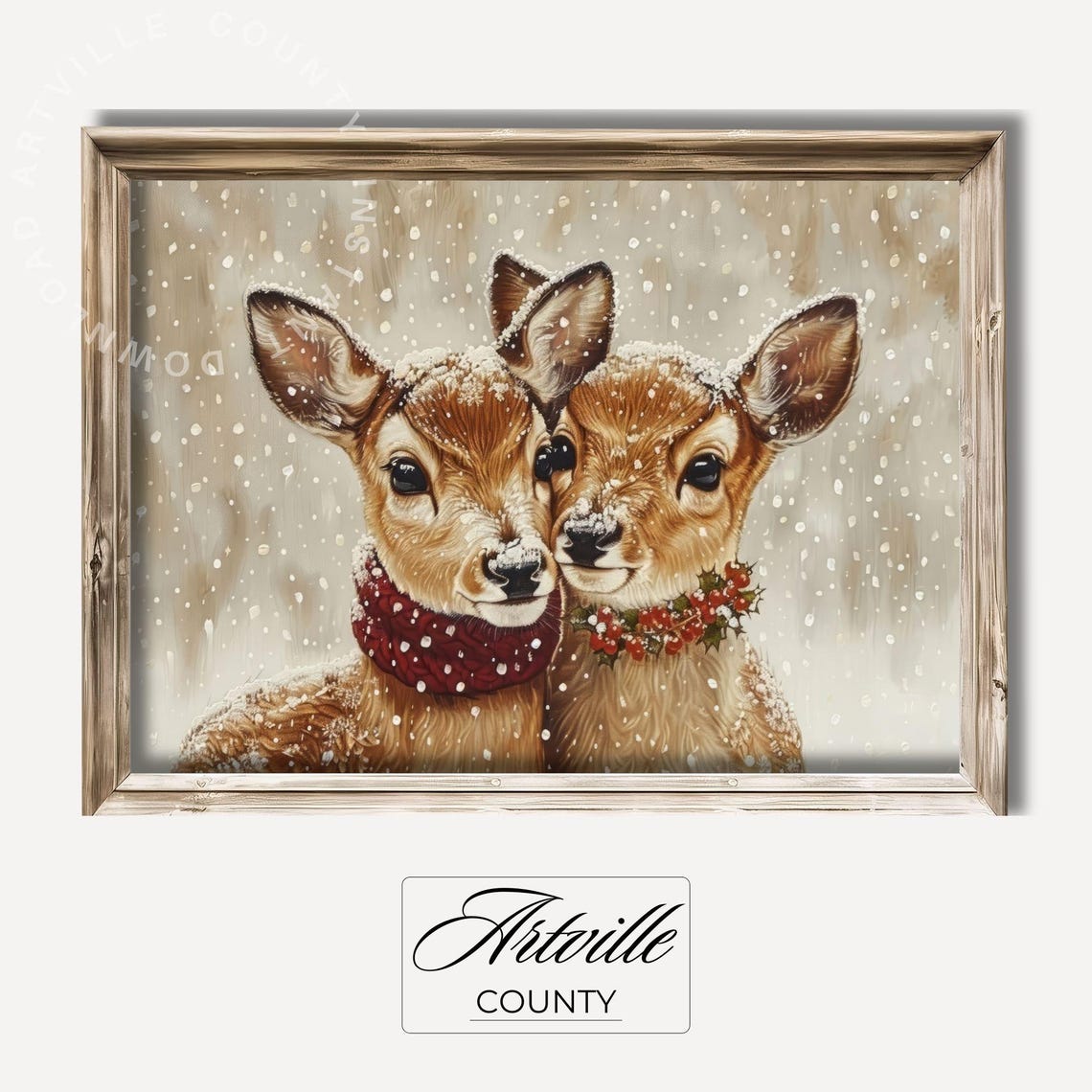 Two Reindeer Nuzzling Together In Falling Snow Christmas Poster