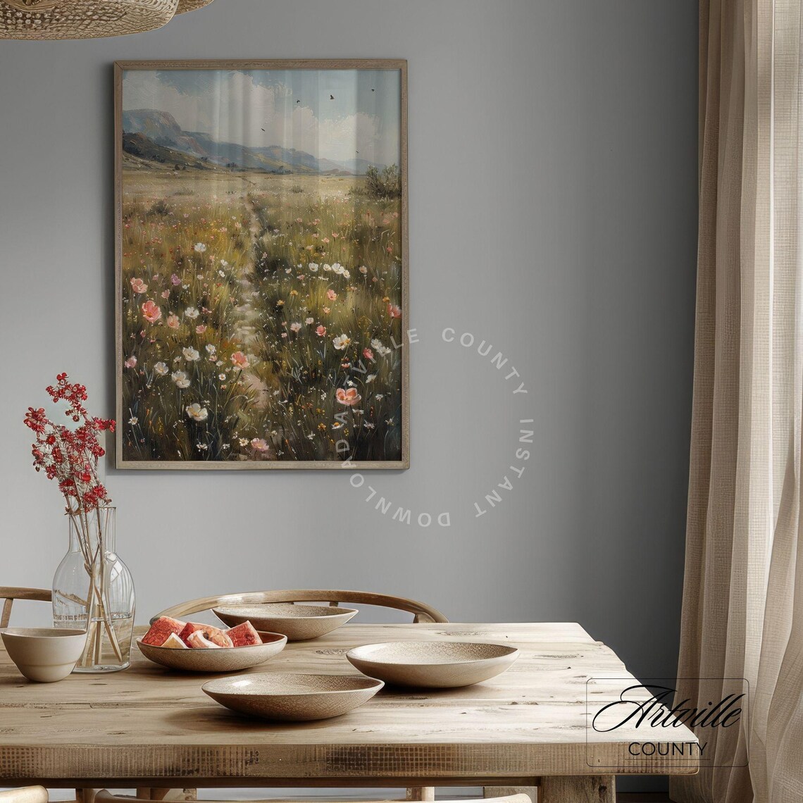 Wildflower Field Painting Vintage Country Landscape Art Print - Image 3
