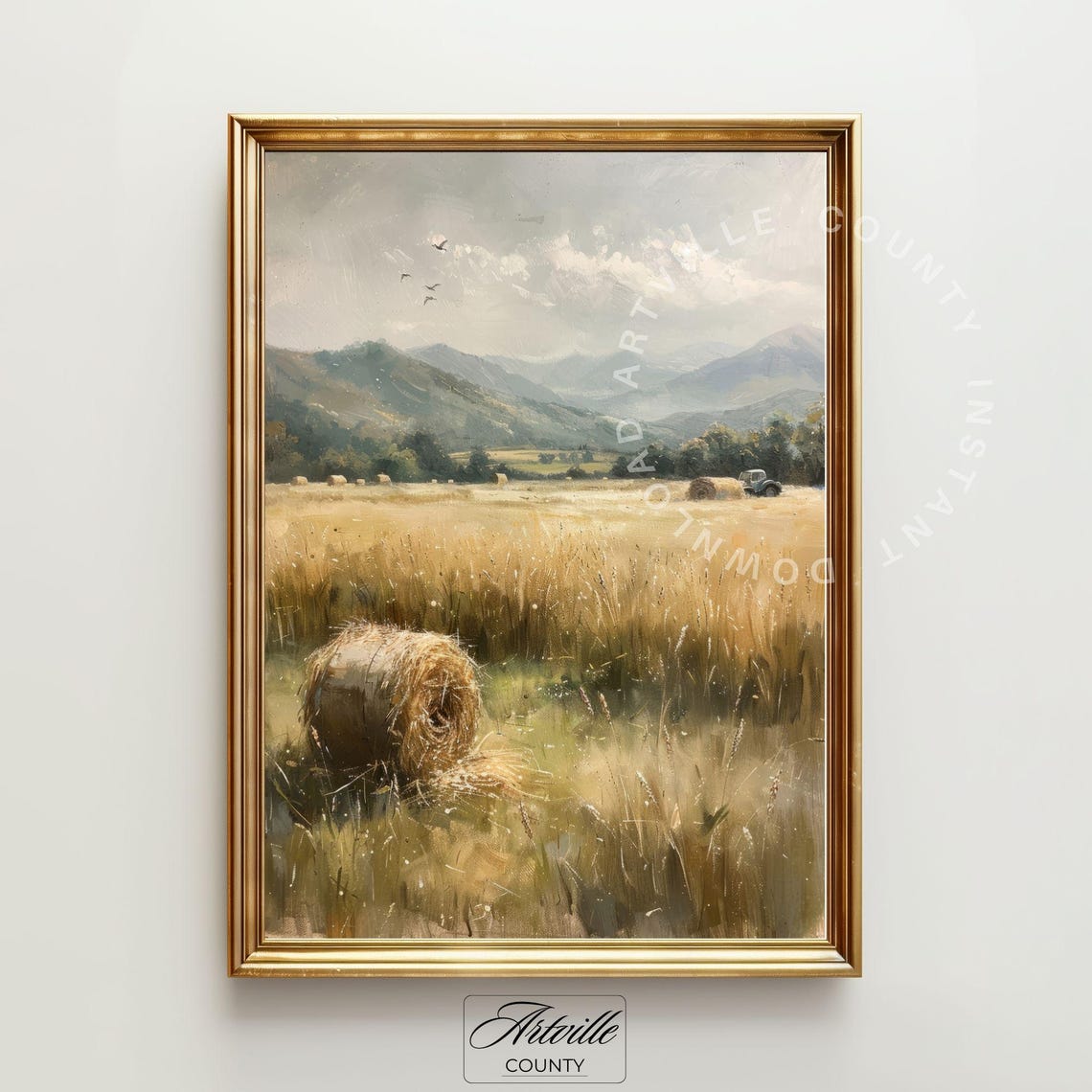 Golden Wheat Field with Hay Bales and Mountains Harvest Poster - Image 2