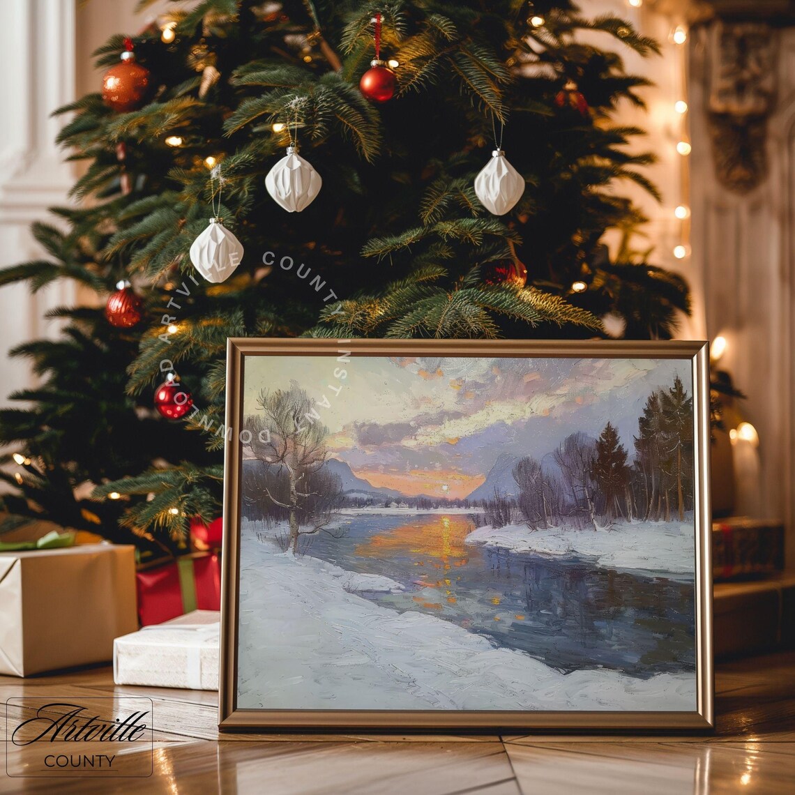 Winter Sunset Over Frozen River with Snowy Banks Landscape Poster - Image 3