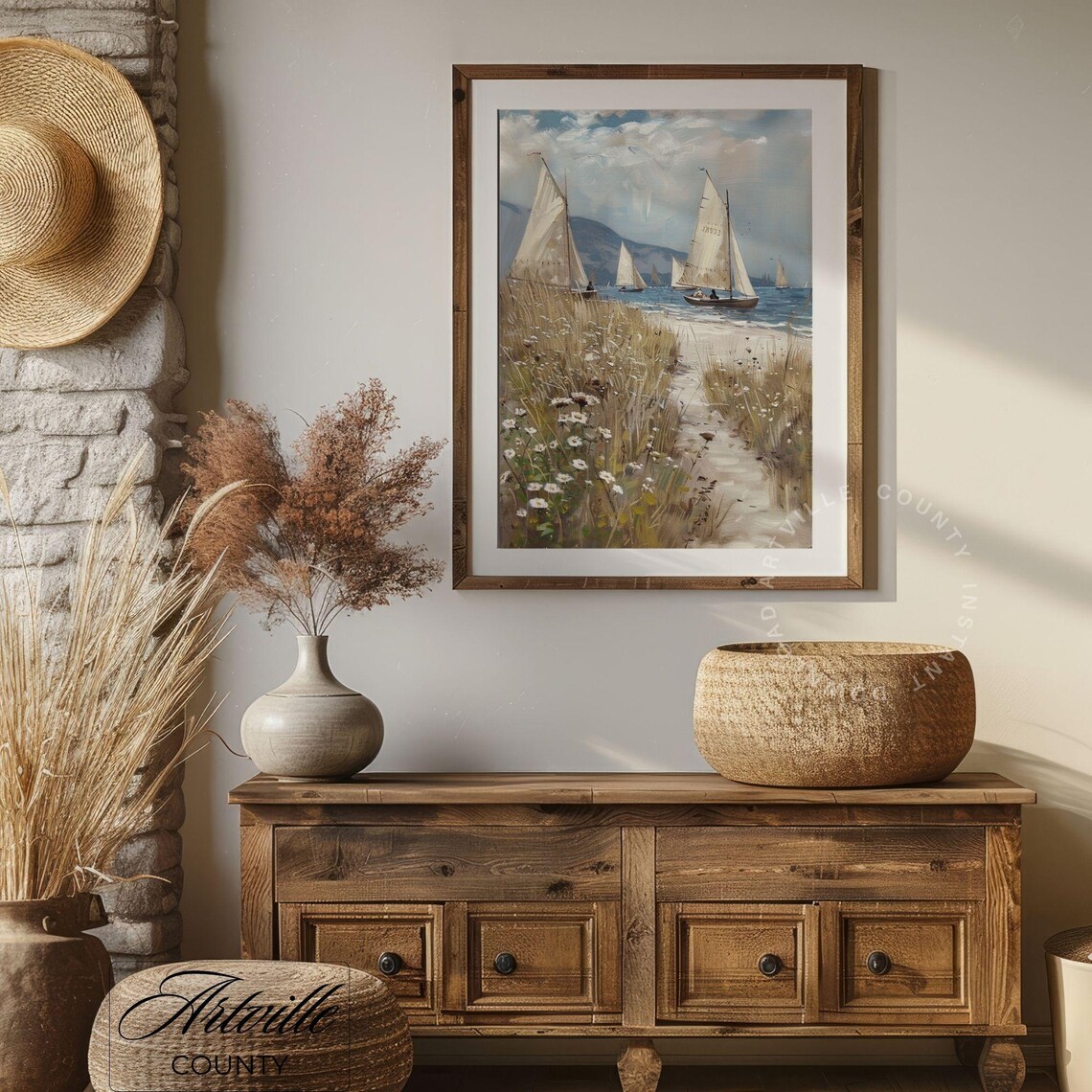 Classic Sailboats On The Shore With Beach Dunes Seascape Poster - Image 3