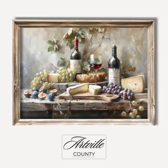 Wine Cheese Painting, Vintage Farmhouse Wall Art