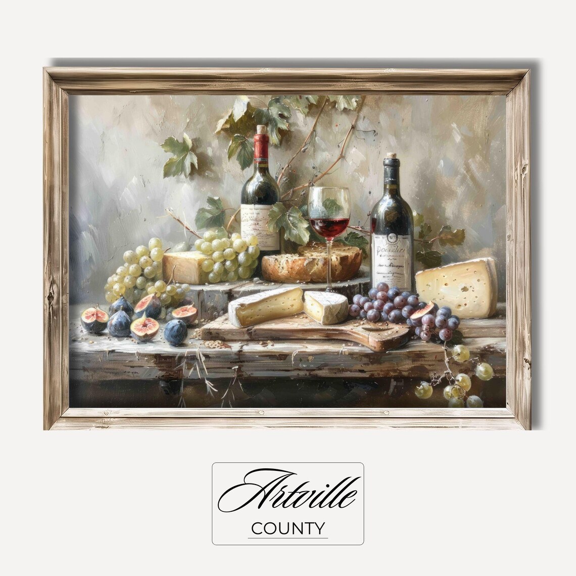Wine Cheese Painting, Vintage Farmhouse Wall Art