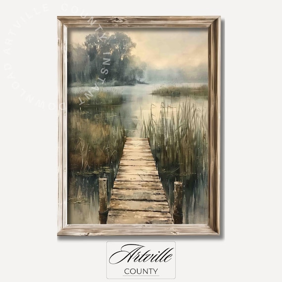 Fishing Pier Oil Painting, Vintage Farmhouse Landscape Print