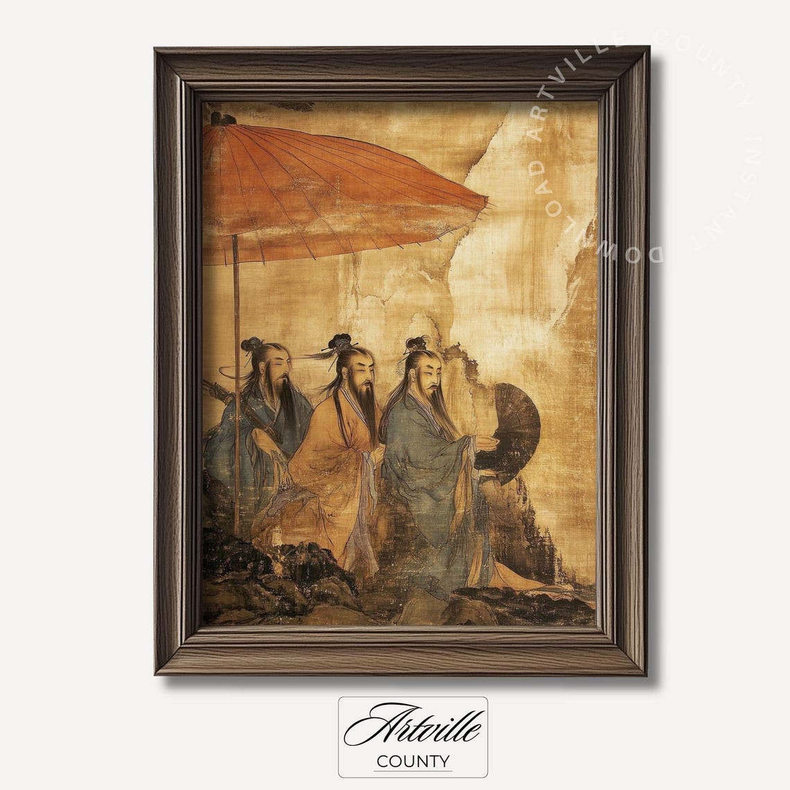 Three Chinese Scholars Under Red Umbrella Antique Asian Art Poster