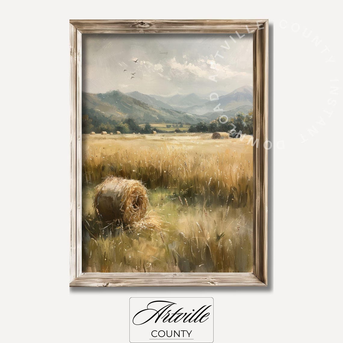 Golden Wheat Field with Hay Bales and Mountains Harvest Poster